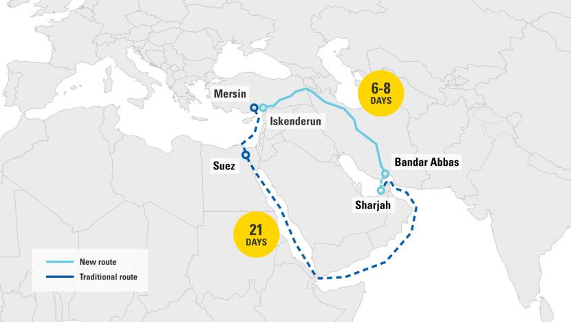 Map of the new UAE&ndash;Turkey TIR trade route